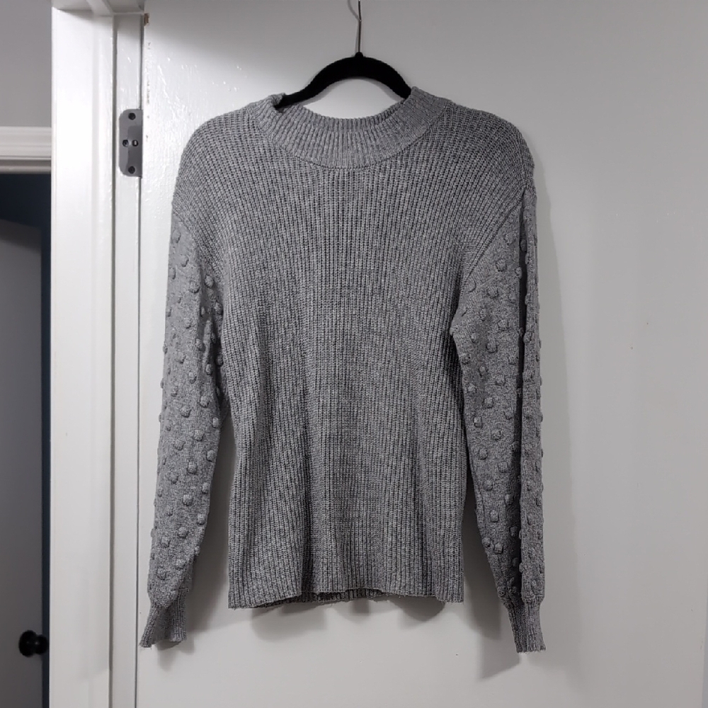 Gray Knit Sweater with Textured Sleeves